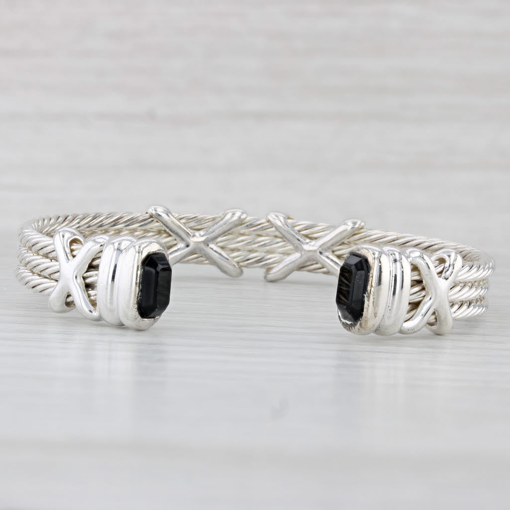 Light Gray Black Glass X Pattern Cuff Bracelet Sterling Silver 6.75"