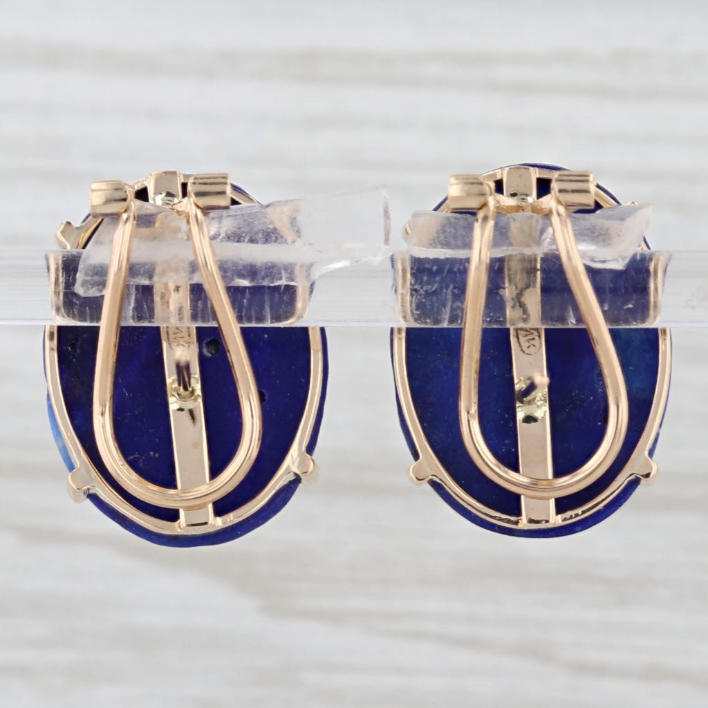 Vintage Carved Oval Lapis Lazuli Earrings 14k Yellow Gold Omega Backs