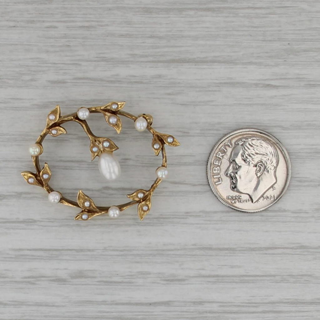 Vintage Seed Pearl Wreath Brooch 14k Yellow Gold Pin