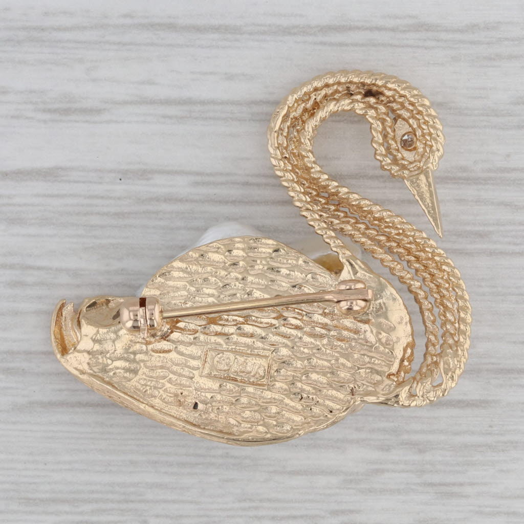 Gray Cultured Pearl Shell Diamond Swan Brooch 14k Yellow Gold Statement Pin