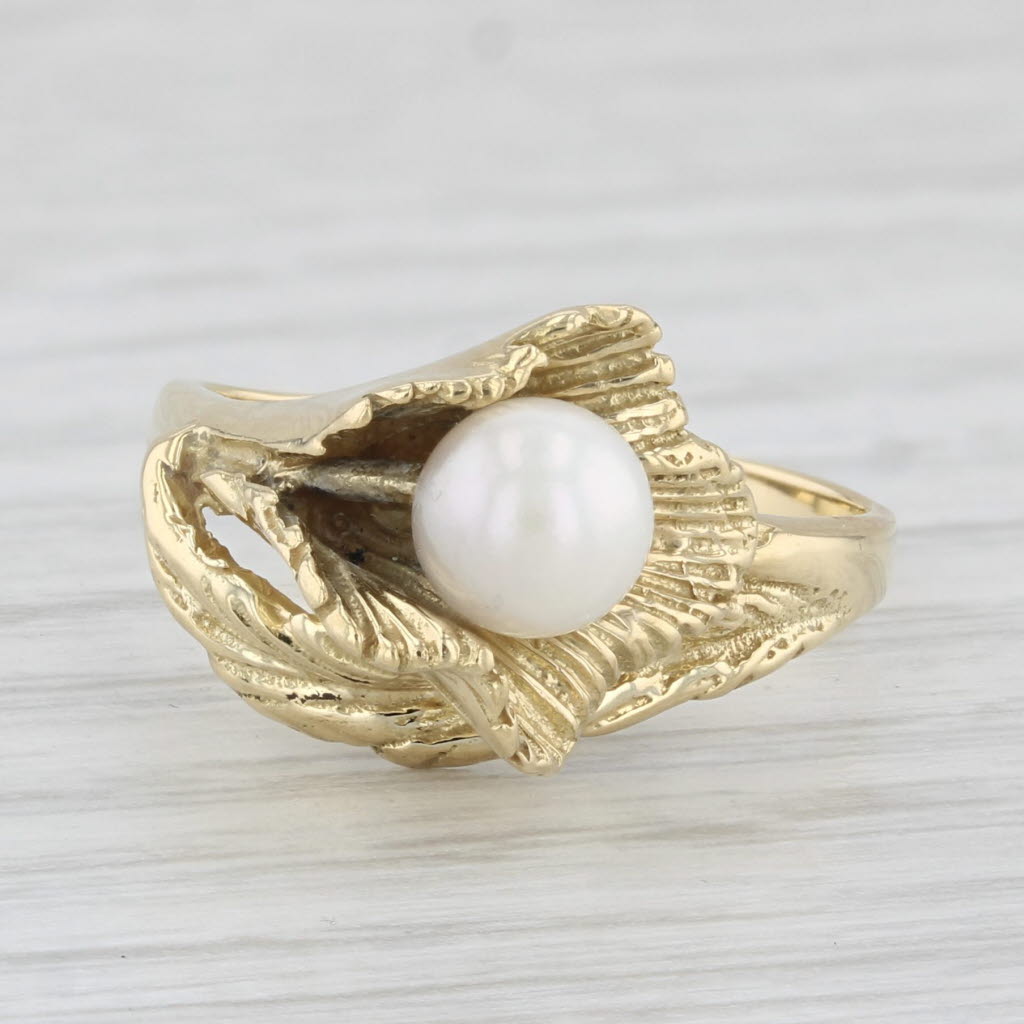 Light Gray Akoya Pearl Lily Flower Ring 18k Yellow Gold Size 5.75