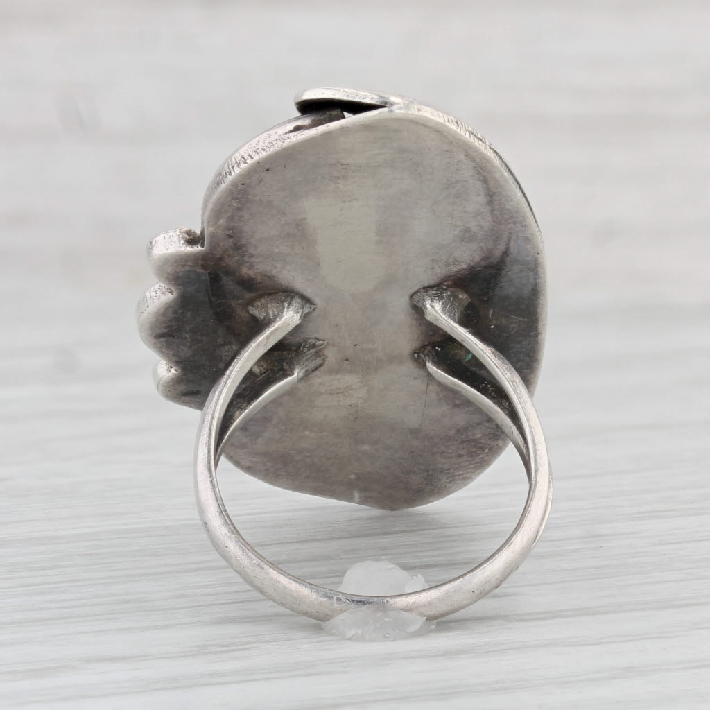 Light Gray Vintage Turquoise Mother of Pearl Stamped Ring Sterling Silver Size 6 Statement