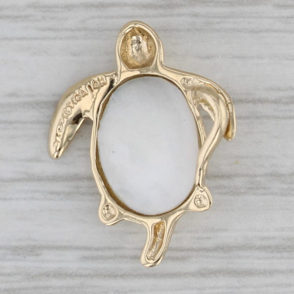 Gray Mother of Pearl Sea Turtle Pendant 14k Yellow Gold
