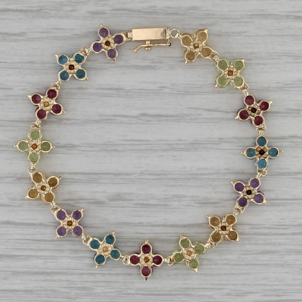 6.50ctw Gemstone Flower Bracelet 14k Gold Citrine Peridot Garnet Topaz Amethyst