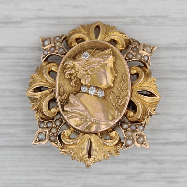 Vintage Cameo Brooch Pendant 14k Yellow Gold Diamond Pearl Floral Pin