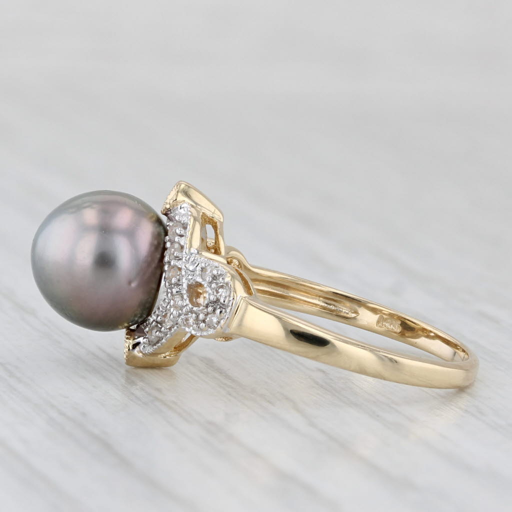 Light Gray Cultured Black Pearl Diamond Ring 14k Yellow Gold Size 6