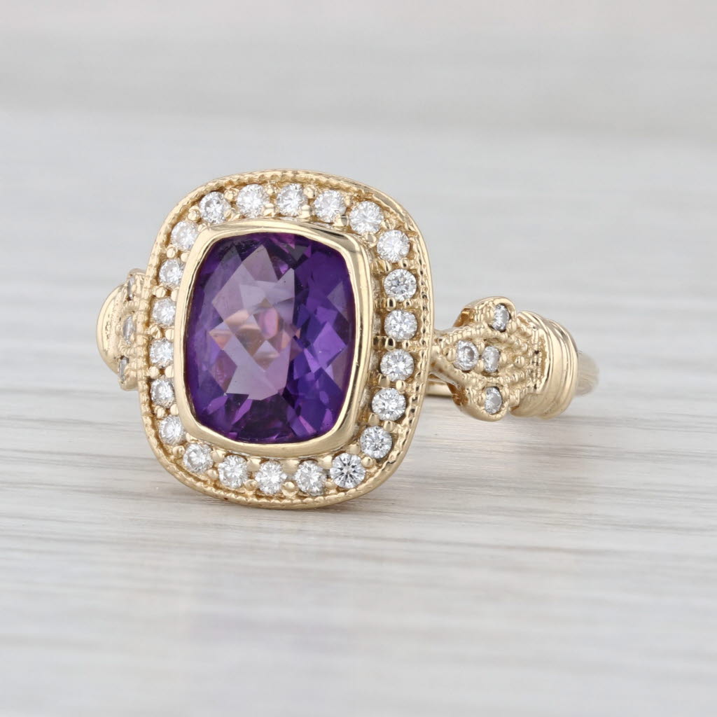 2.90ctw Amethyst Halo Ring 14k Yellow Gold Size 6.75 Openwork Flowers