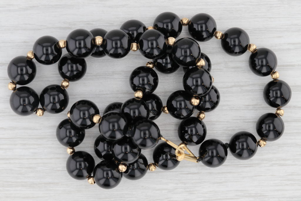 Onyx Bead Necklace 14k Yellow Gold 20" Statement Single Strand