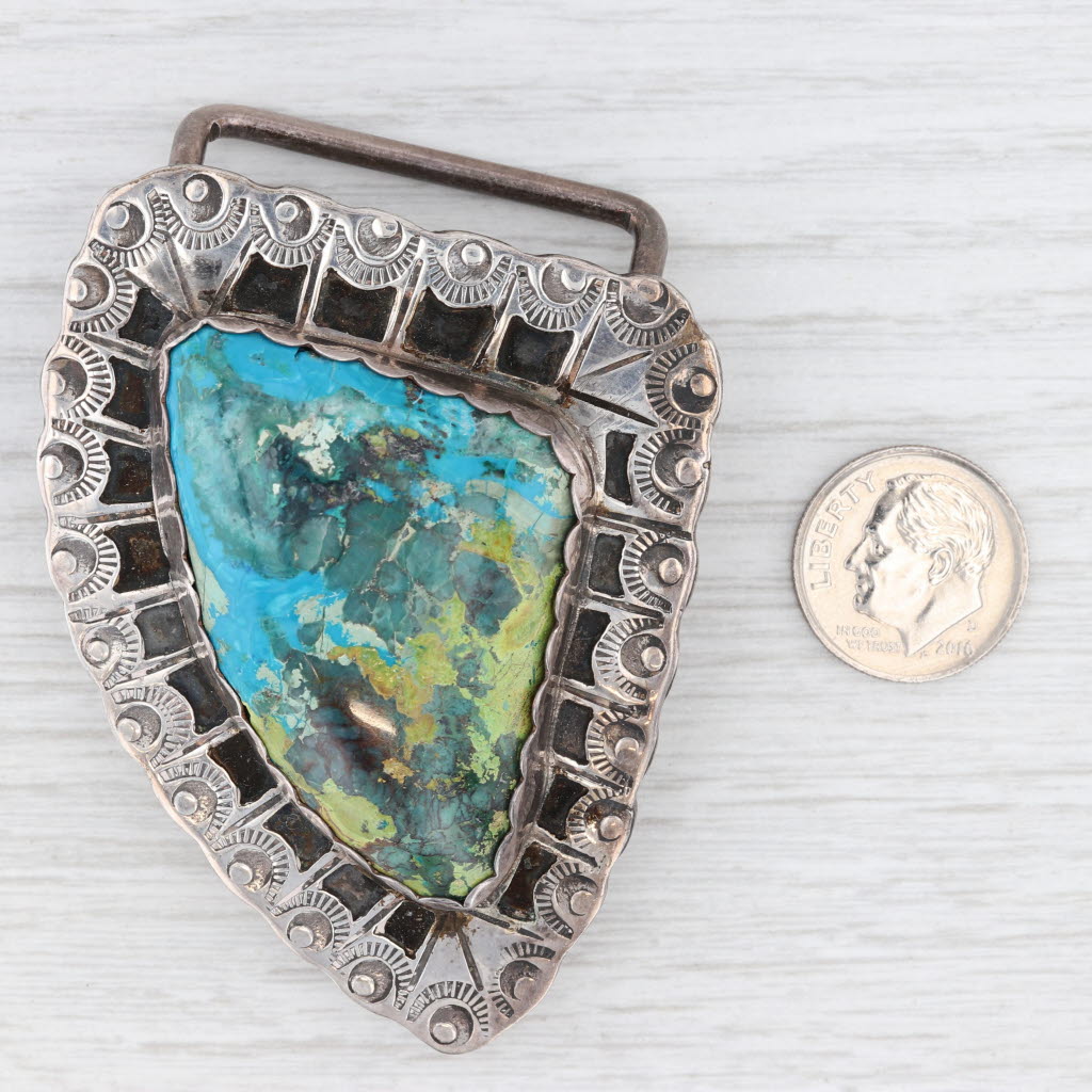 Light Gray Shattuckite Cabochon Belt Buckle Sterling Silver Signed Vintage Native American