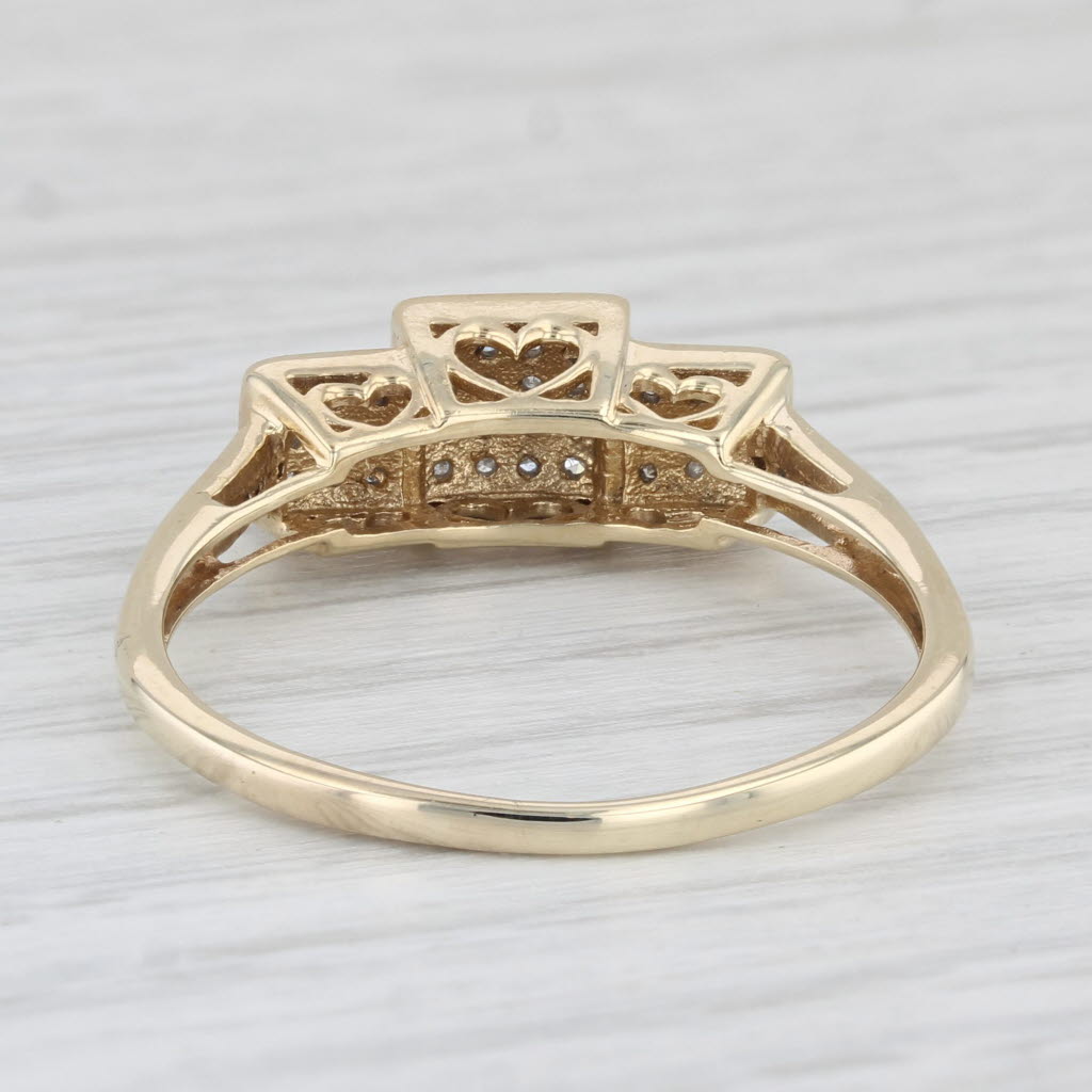 Light Gray Pave Diamond Ring 10k Yellow Gold 3-Stone Design Size 11.5 Heart Accents