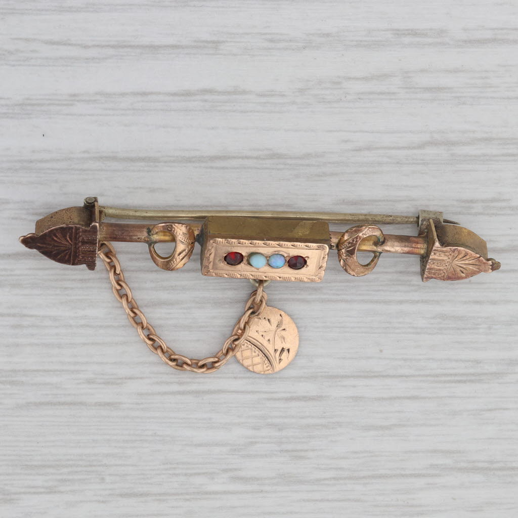 Gray Antique Victorian Bar Pin Opal Garnet Gold Filled Brooch