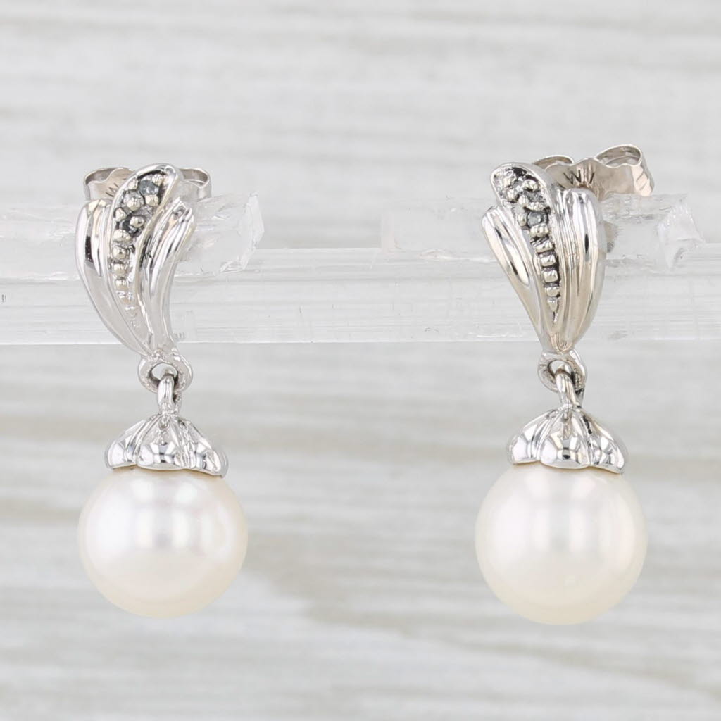 Light Gray Cultured Pearl Dangle Earrings 10k White Gold Diamond Accents