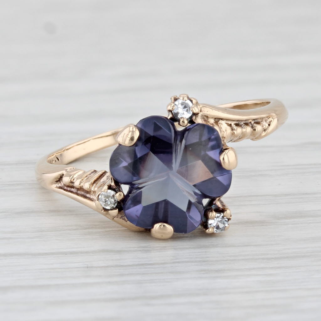 Light Gray Shamrock Lab Created Alexandrite Simulated Diamond Bypass Ring 10k Gold Sz 8.75
