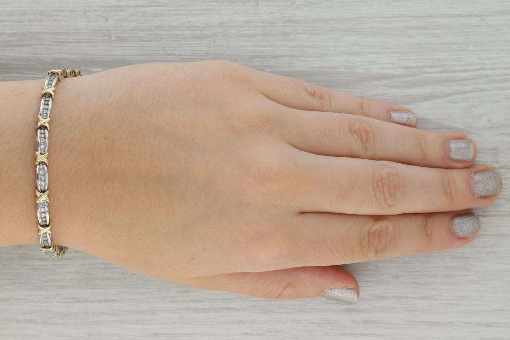 Dark Gray 1.25ctw Diamond Bracelet 10k White Yellow Gold Bar X Links 6.75" 5mm