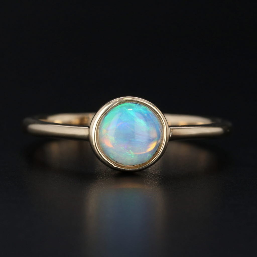 Black Parle Round Opal Cabochon Solitaire Ring 14k Yellow Gold Size 7