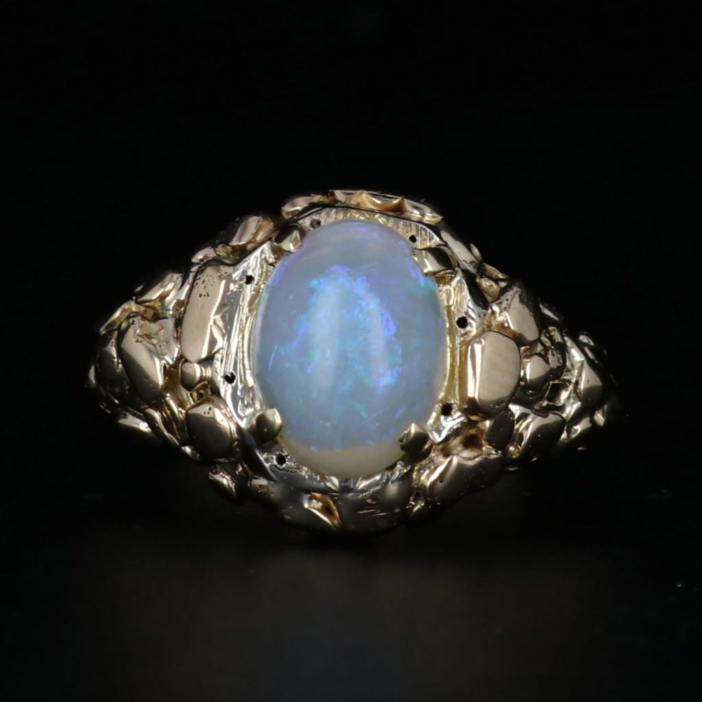 Black Vintage Opal Gold Nugget Ring 14k Yellow Gold Size 4.75 Oval Cabochon Solitaire