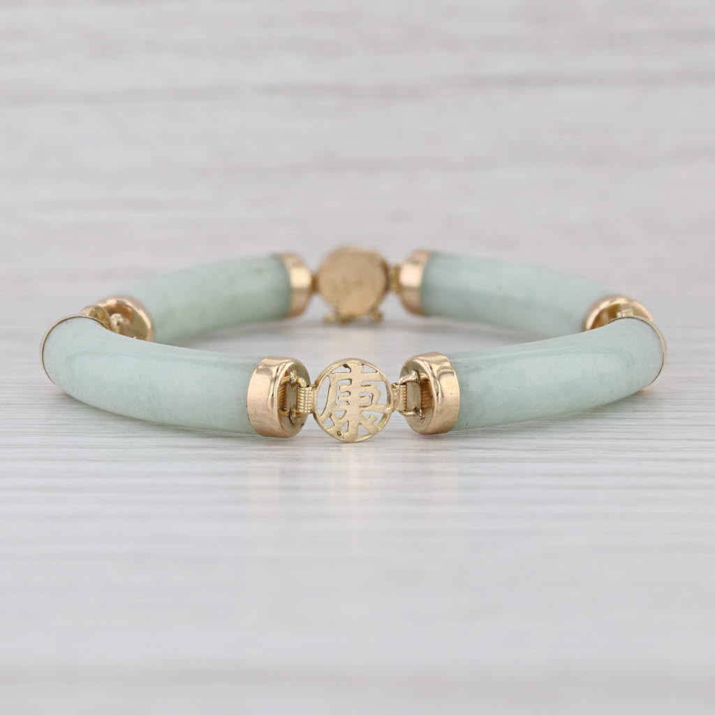 Jadeite Jade Tube Link Bracelet Chinese Character Bracelet 14k Yellow Gold 7"