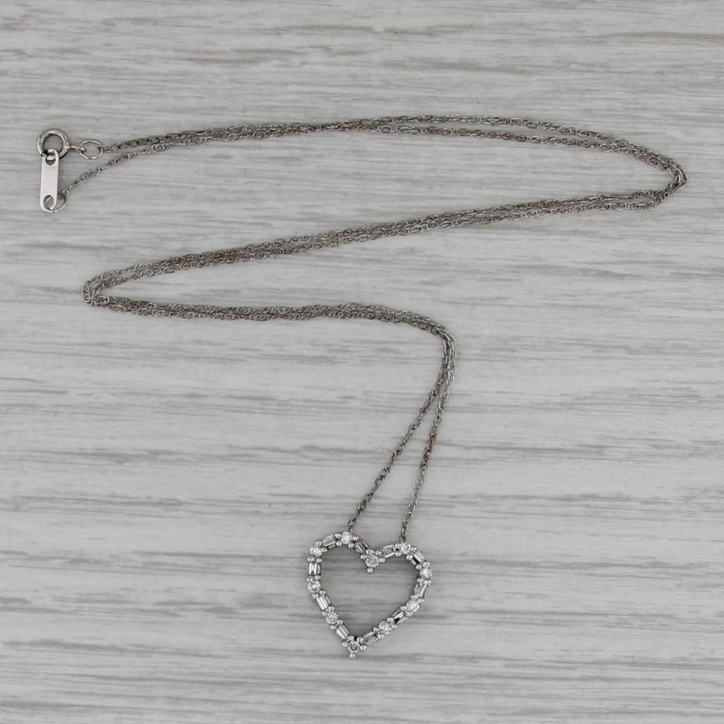 0.23ctw Diamond Open Heart Pendant Necklace 14k White Gold 18.25" Rope Chain