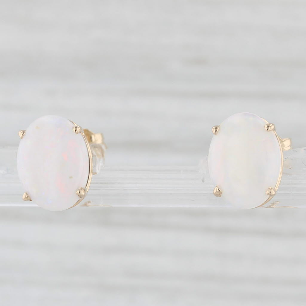 Light Gray Oval Cabochon Opal Stud Earrings 14k Yellow Gold Solitaire Studs