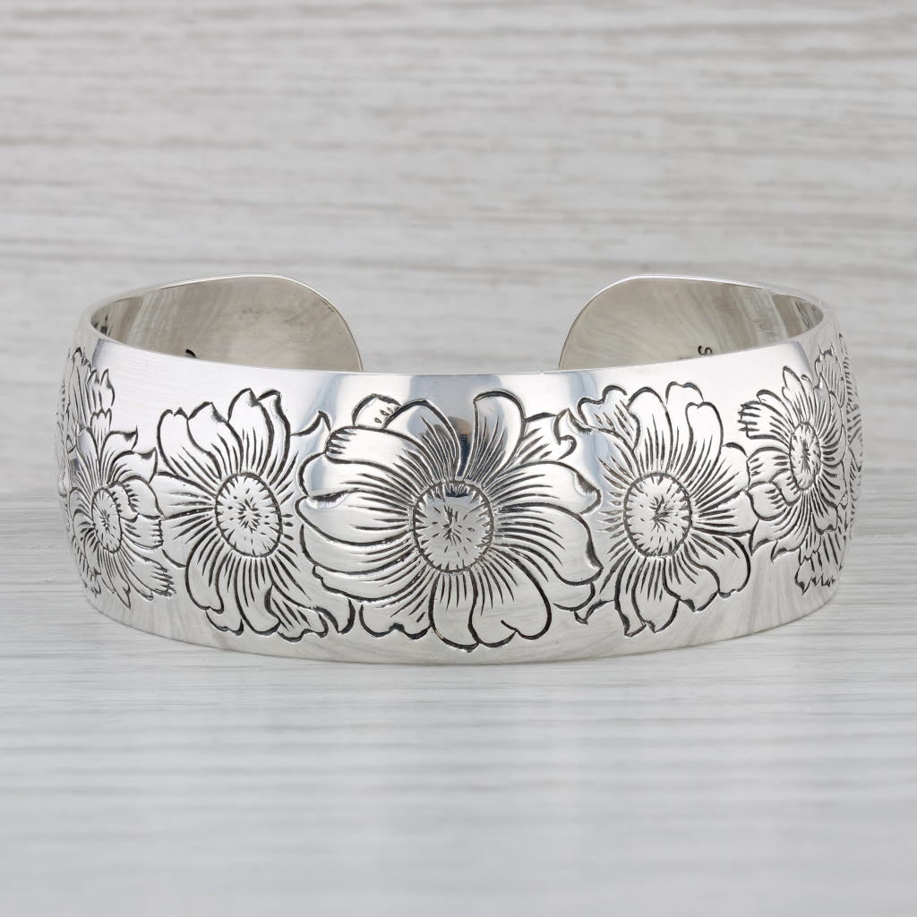 Gray Daisy Flower Engraved Cuff Bracelet Sterling Silver S Kirk & Son 7" Vintage