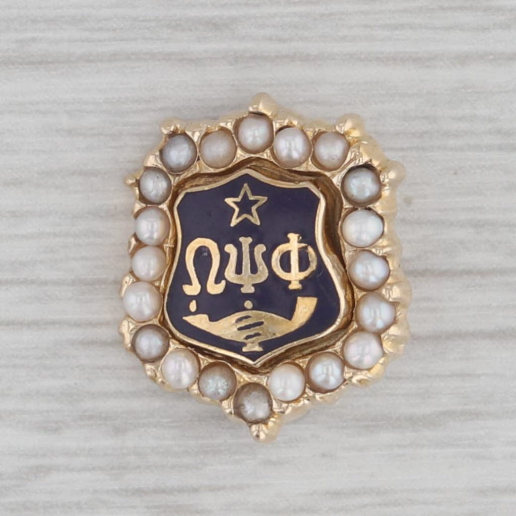Gray Omega Psi Phi Fraternity Shield Badge 10k Gold Pearl Vintage Pin