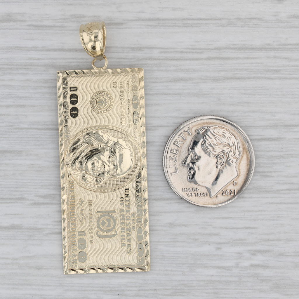 Gray 100 Dollar Bill Pendant 10k Yellow Gold Detailed Copy Benjamin Franklin