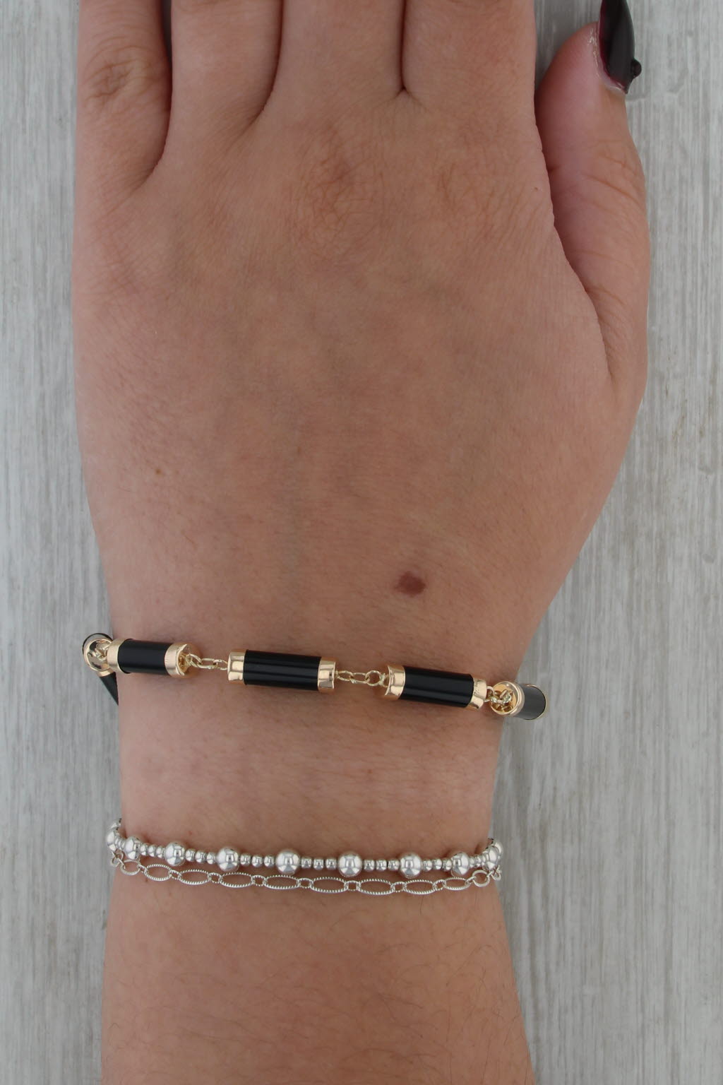 Onyx Tube Link Bracelet 14k Yellow Gold 7" 5.3mm Longevity Chinese Character