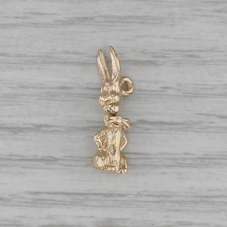 Small Bunny Rabbit in Bow Tie Charm 14k Yellow Gold 3D Pendant Head Moves