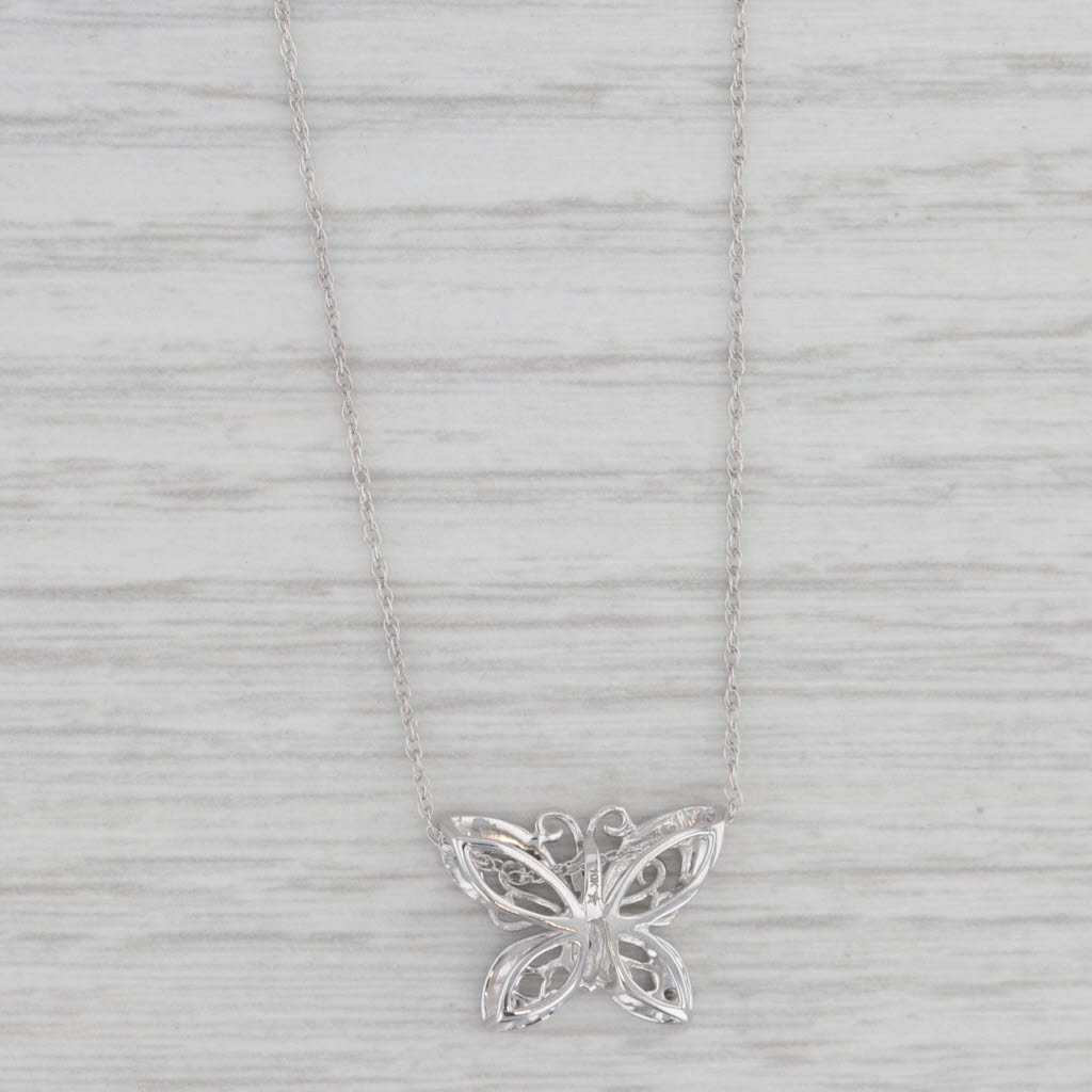 Gray Diamond Accented Butterfly Pendant Necklace 10k White Gold 18" Rope Chain