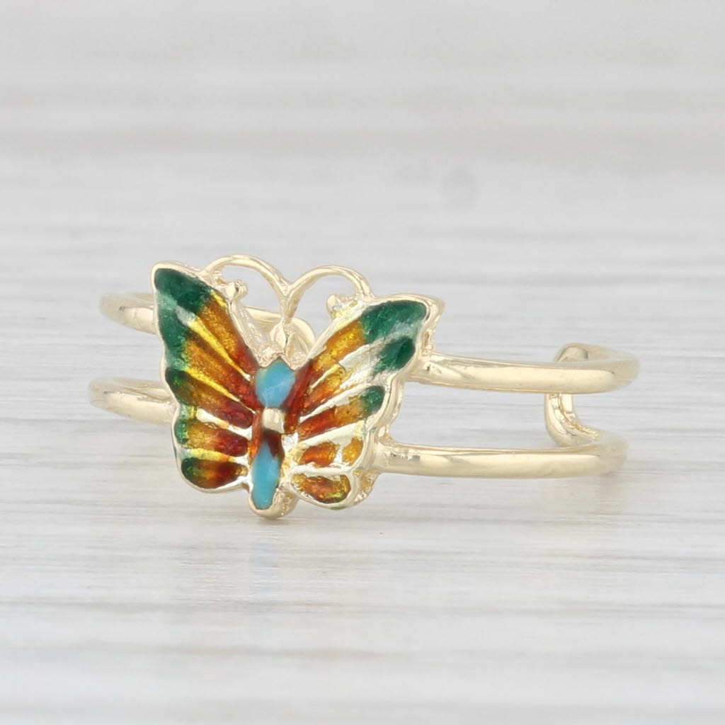Light Gray Colorful Enamel Butterfly Toe Ring 14k Yellow Gold Adjustable Size