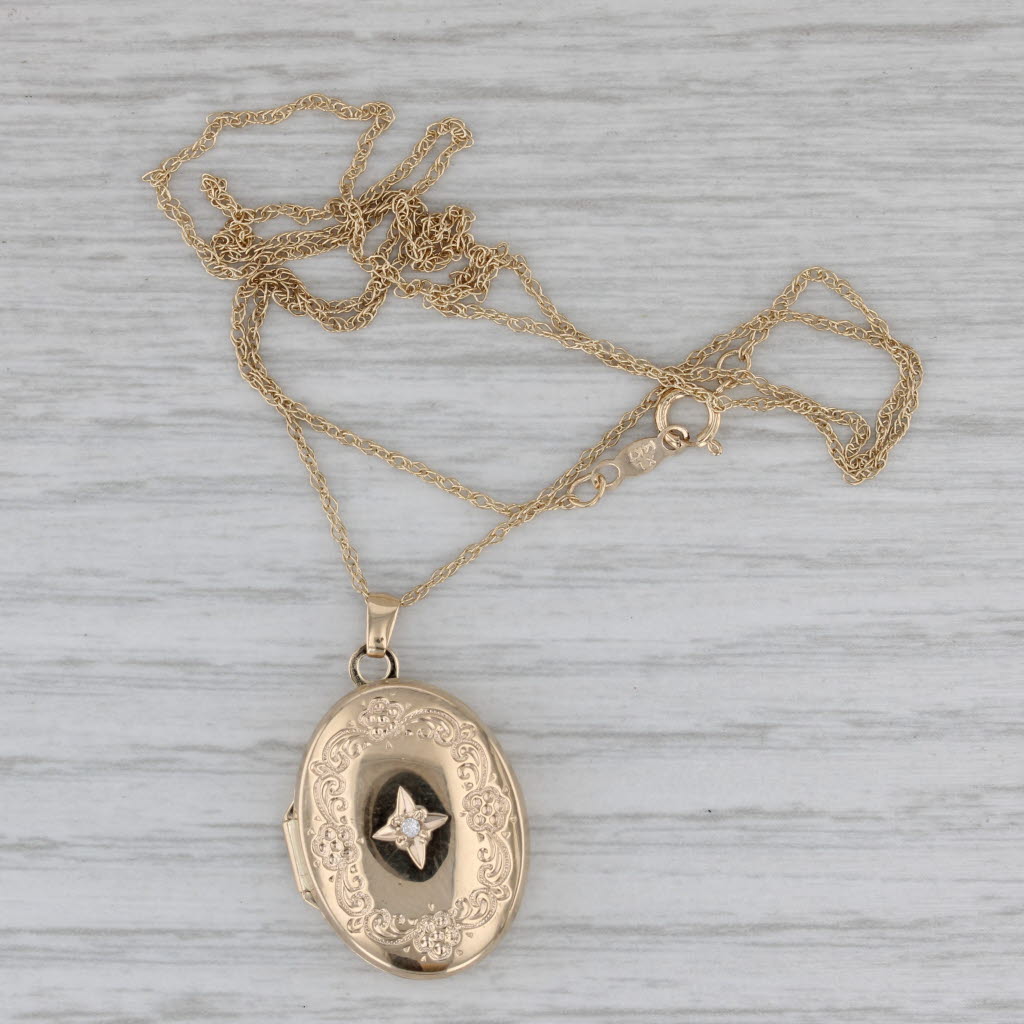 Gray Diamond Star Floral Locket Pendant Necklace 14k Yellow Gold 18" Rope Chain