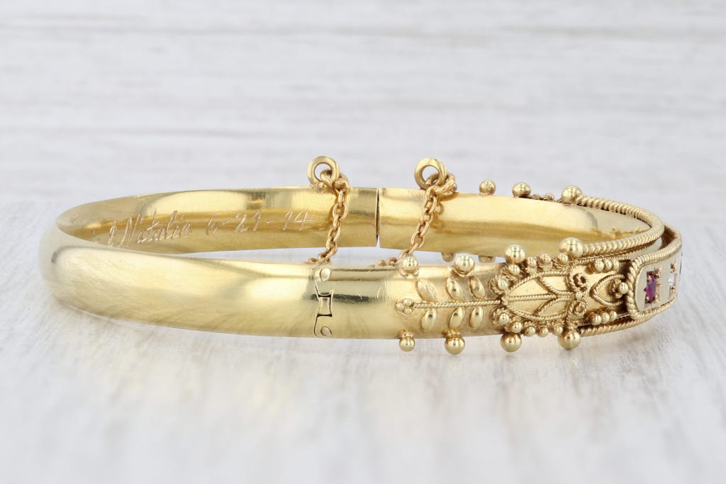 Light Gray Antique Ruby Diamond Ornate Bangle Bracelet 15k Yellow Gold 6.75" Engraved