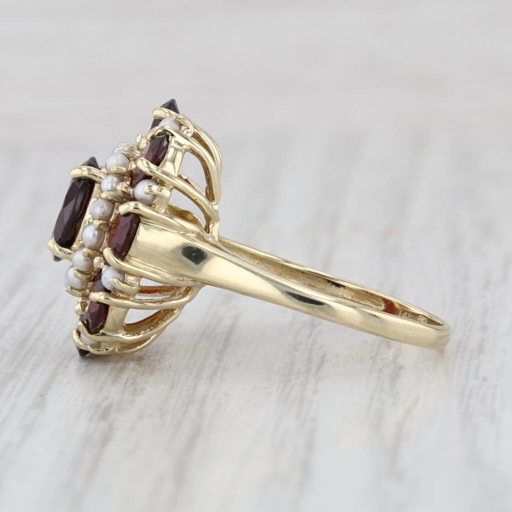 6.50ctw Garnet Seed Pearl Flower Ring 14k Yellow Gold Size 8.5 Cocktail