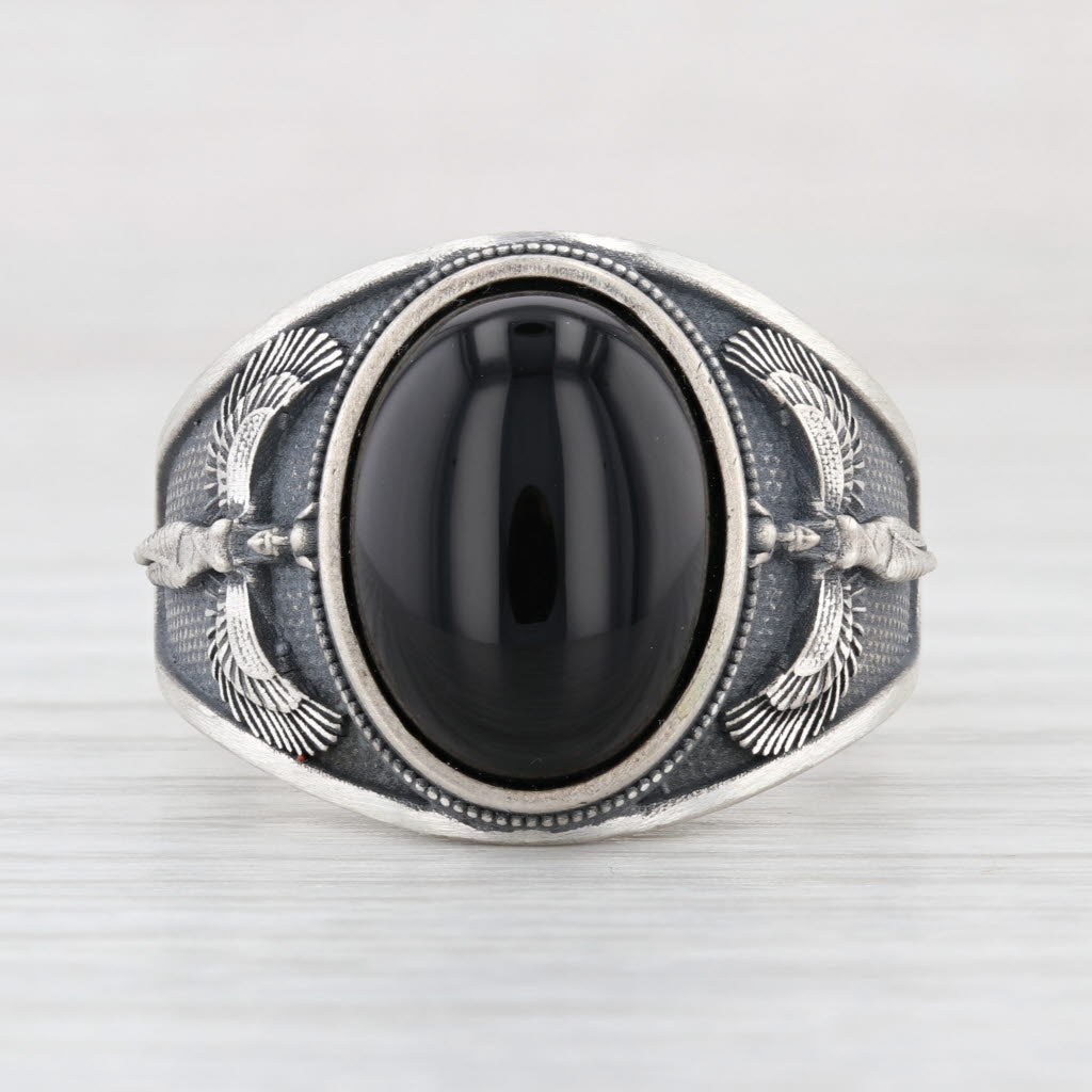 Onyx Sterling Silver Ring Size 12.5 Winged Figure Tribal Egyptian Goddess