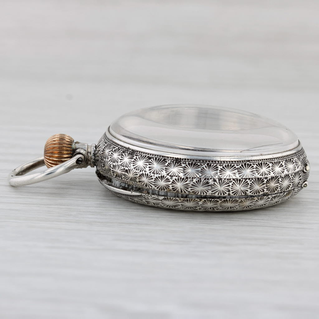Light Gray Antique Pocket Watch Shaker Case Pendant Silver Enamel Floral Engraved