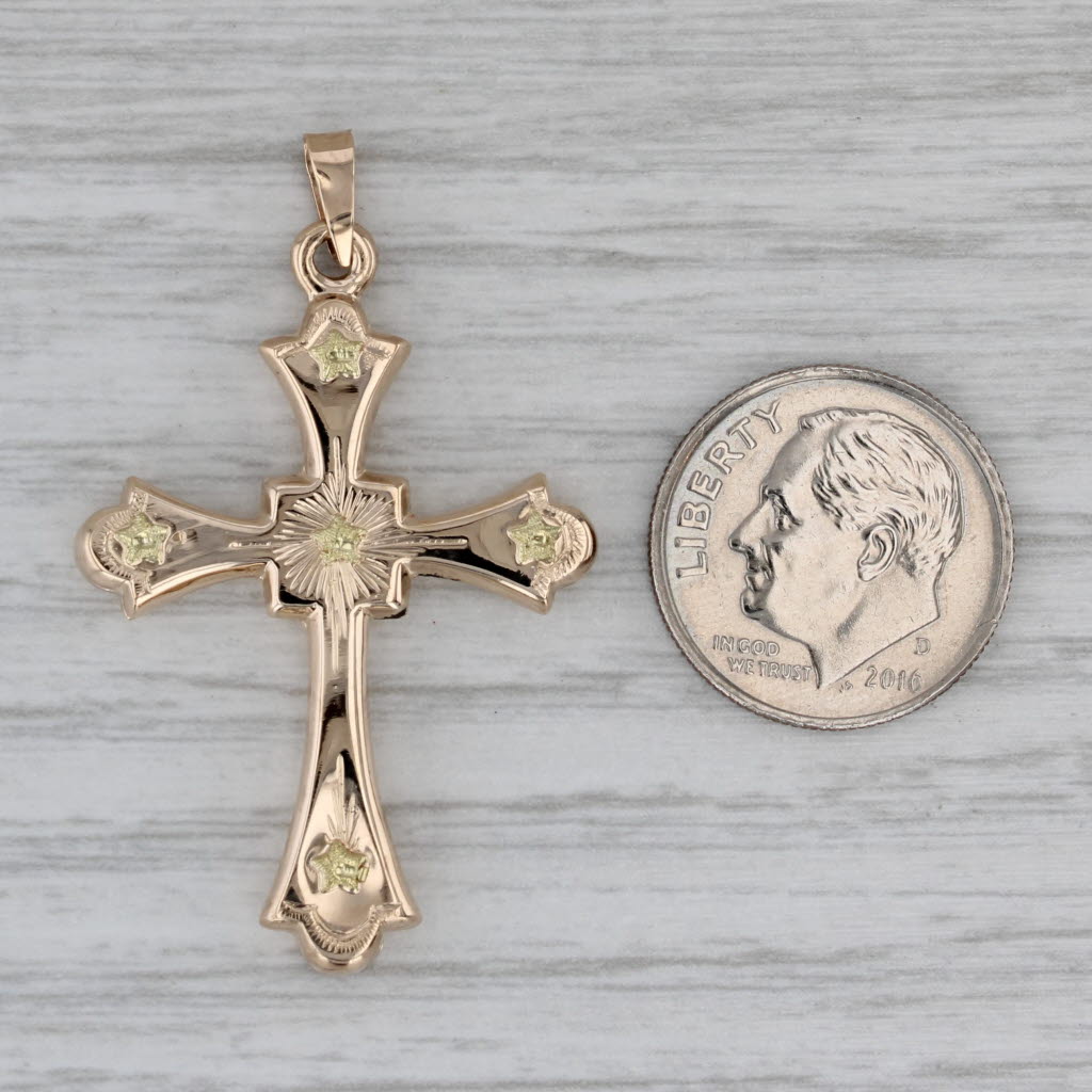 Gray Floral Cross Pendant 14k Yellow Green Gold Vintage Religious Jewelry