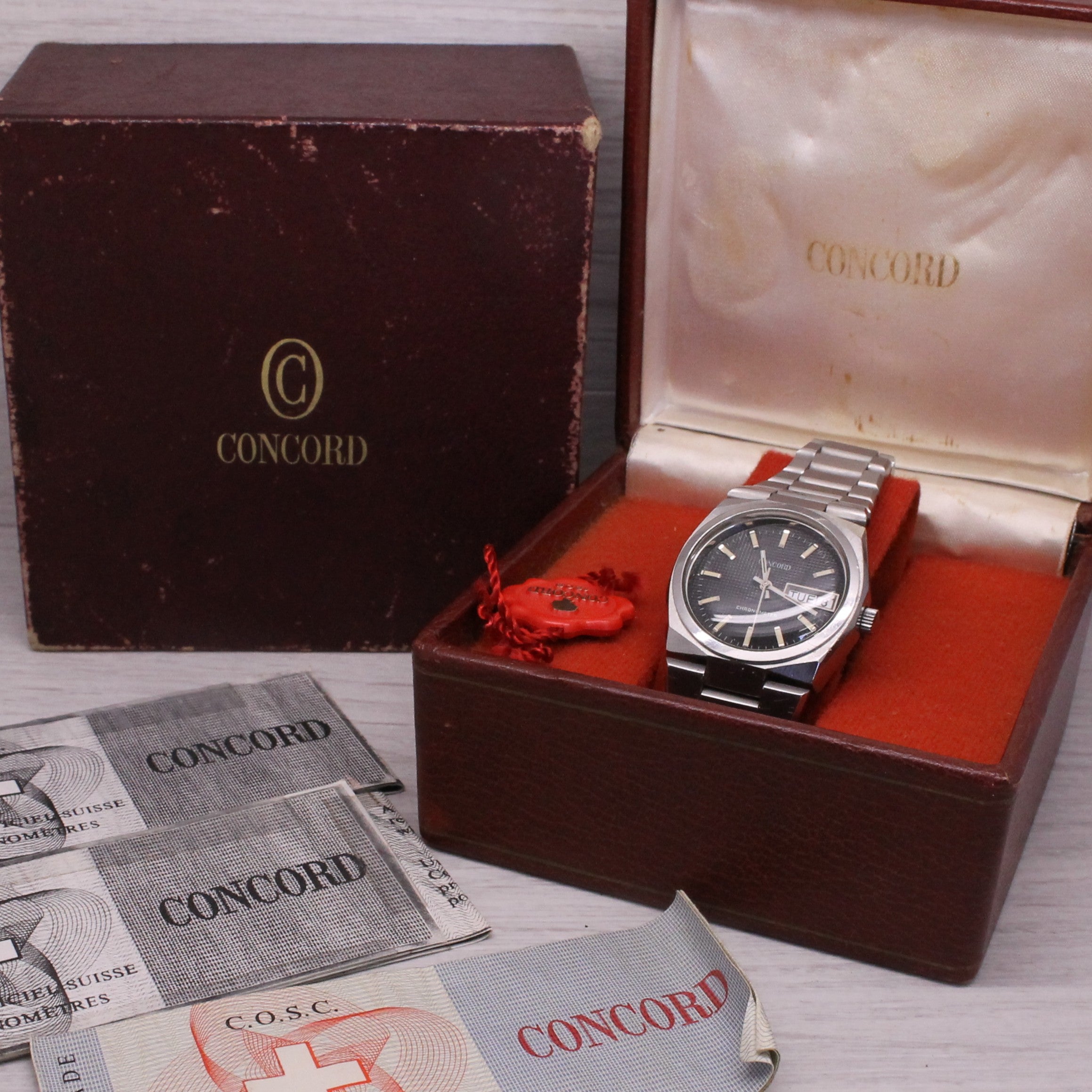 Dark Slate Gray Vintage 1970's Concord Chronometer Mens Steel Integrated Sport Watch w Box COSC