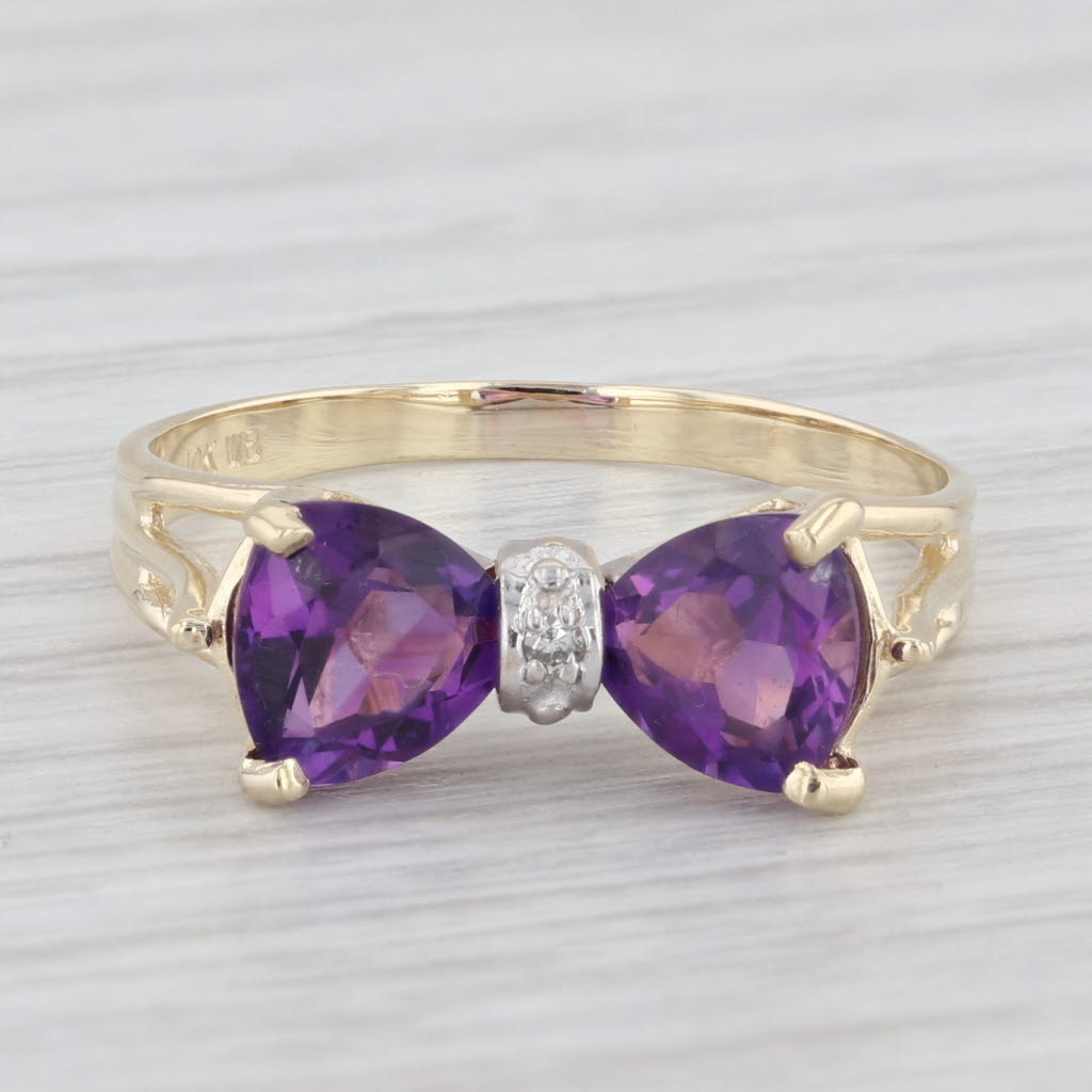 Light Gray 1.30 ctw Amethyst Diamond Bow 10K Yellow Gold Size 7 Ring