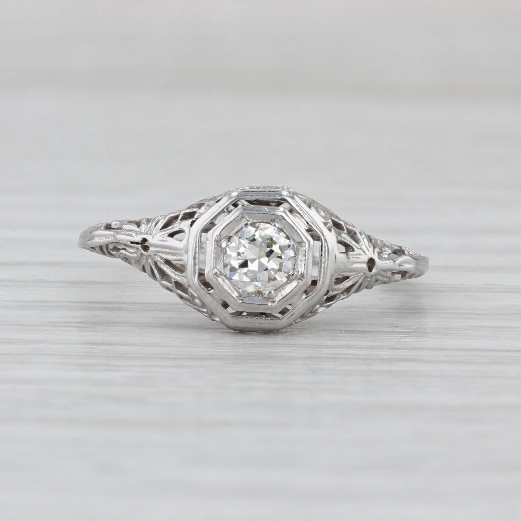 Art Deco 0.25ct Diamond Solitaire Engagement Ring 18k White Gold Floral Filigree