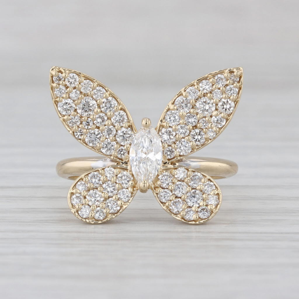 1.36ctw Pave Diamond Marquise Butterfly Ring 14k Yellow Gold Size 7 Coctail