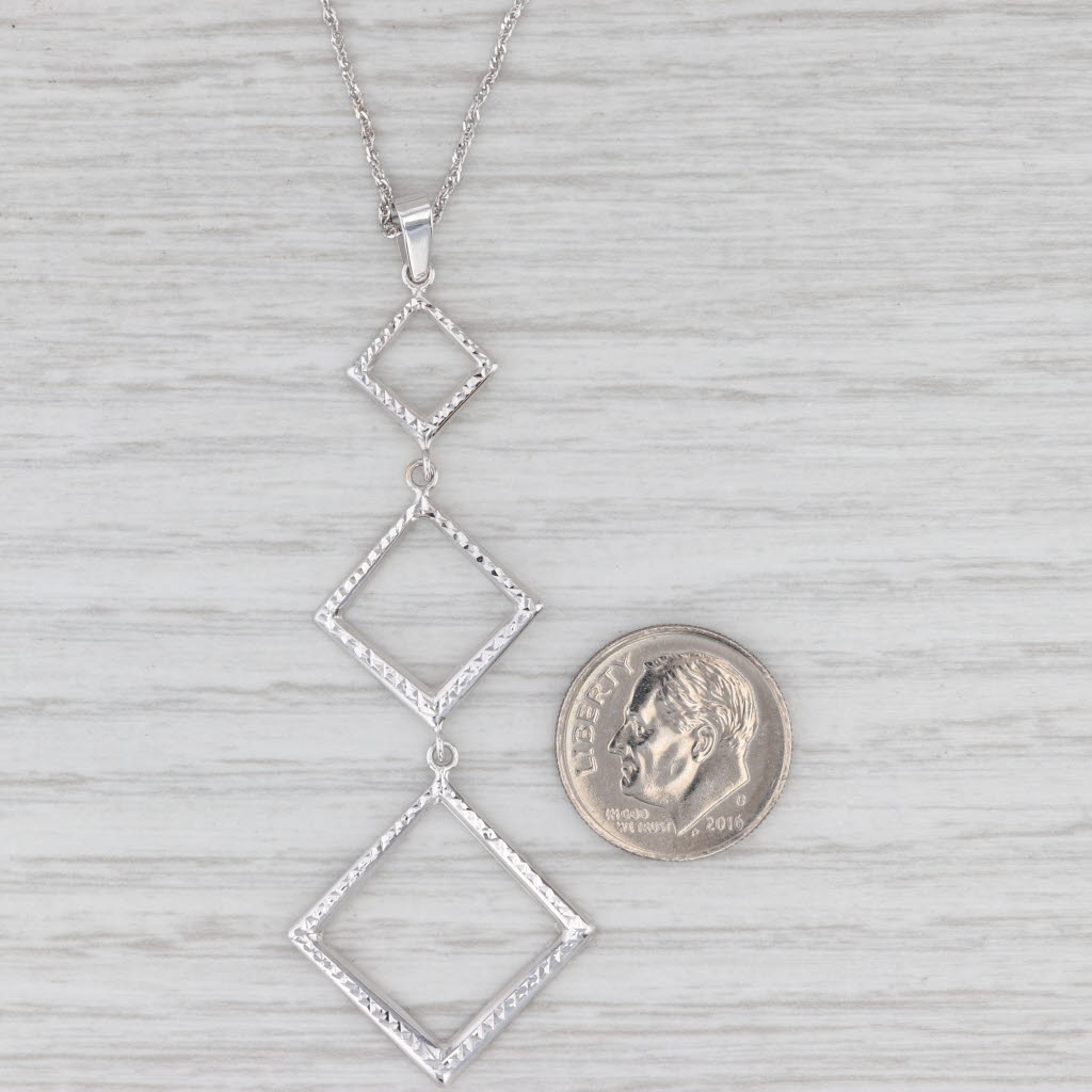 Light Gray Links Square Dangle Pendant Necklace 14k White Gold 18" Rope Chain