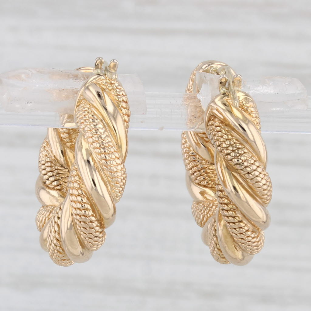 Light Gray Scalloped Twist Hoop Earrings 14k Yellow Gold Snap Top Round Hoops