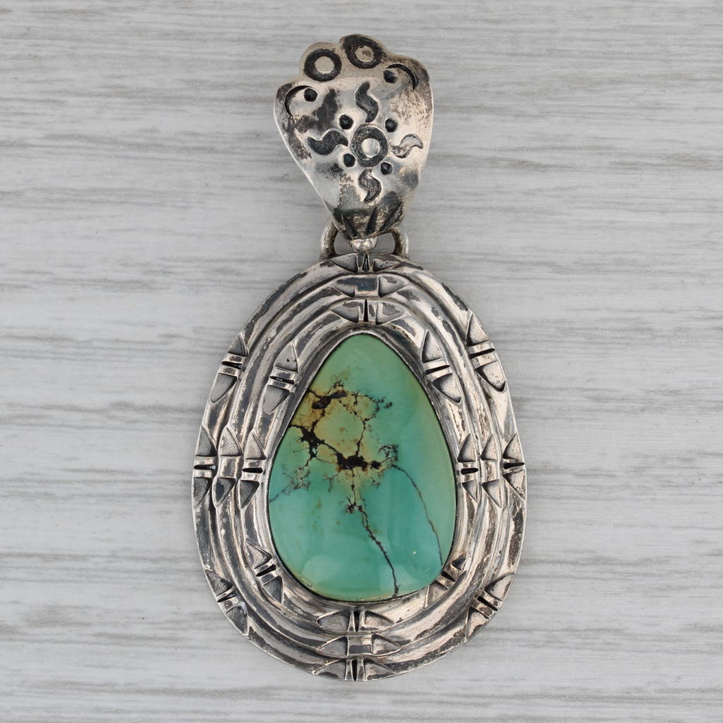 Gray Vintage Turquoise Pear Cabochon Teardrop Statement Pendant Sterling Silver