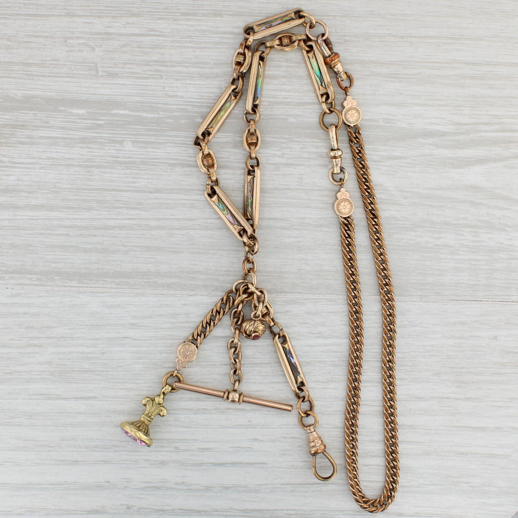 Light Gray Victorian Antique Watch Fob Chain Necklace Pendant Cubic Zirconia Abalone