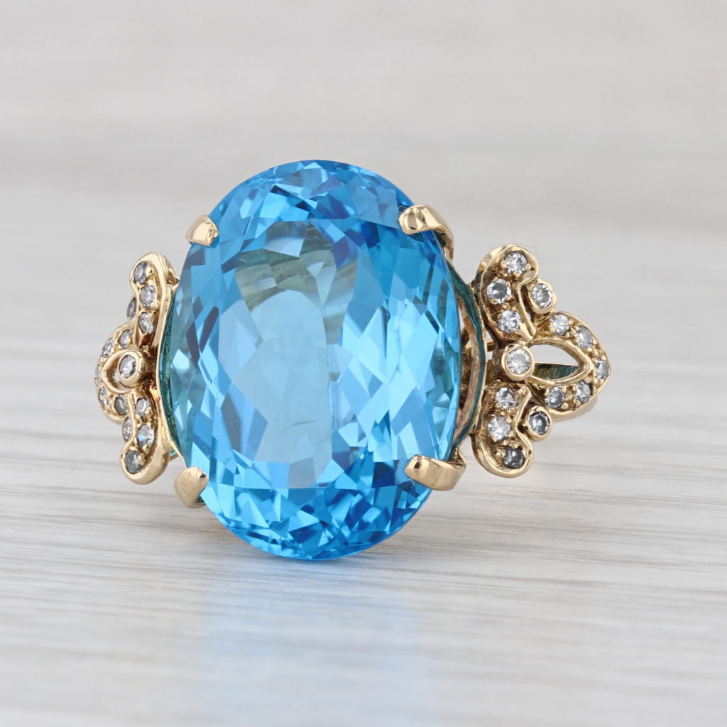 22.66ctw Oval Blue Topaz Diamond Cocktail Ring 14k Yellow Gold Size 8.75