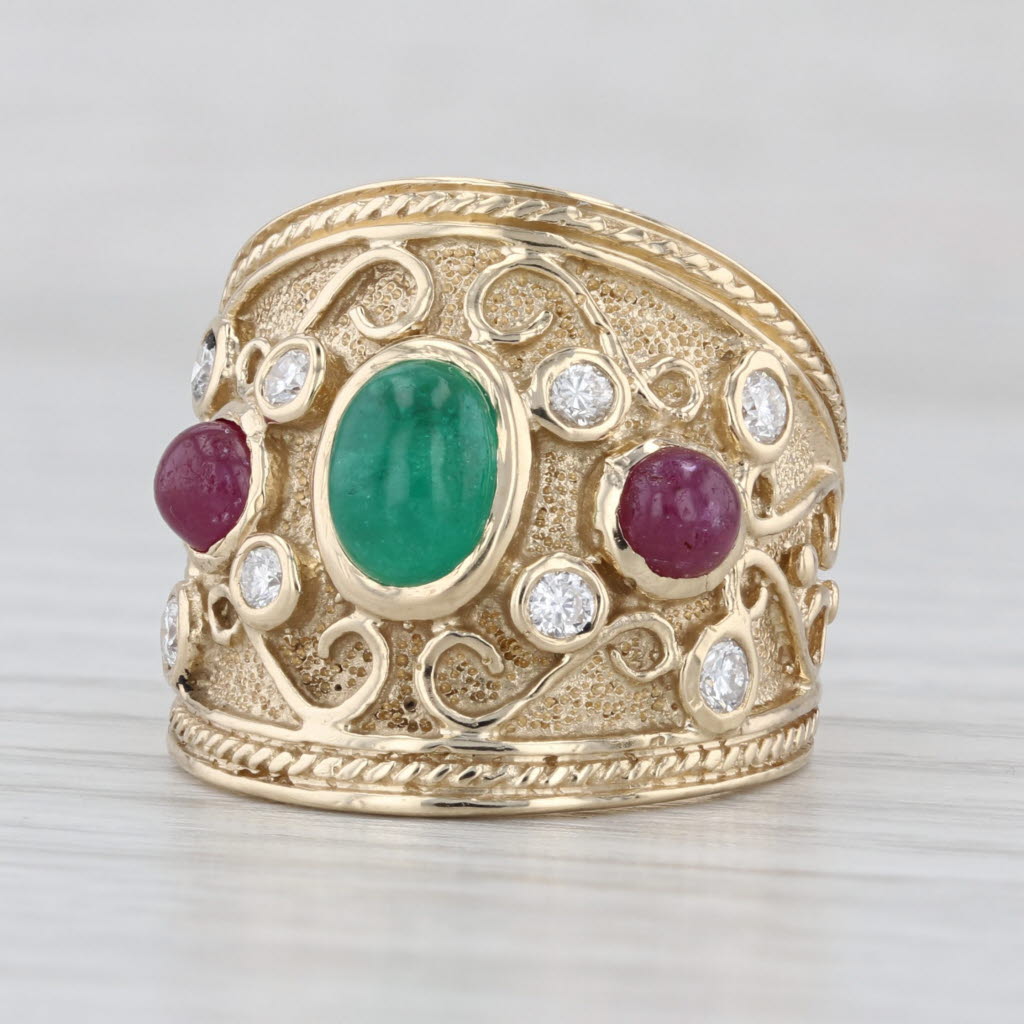 Vintage Ornate Emerald Ruby Diamond Ring 14k Yellow Gold Size 6.25