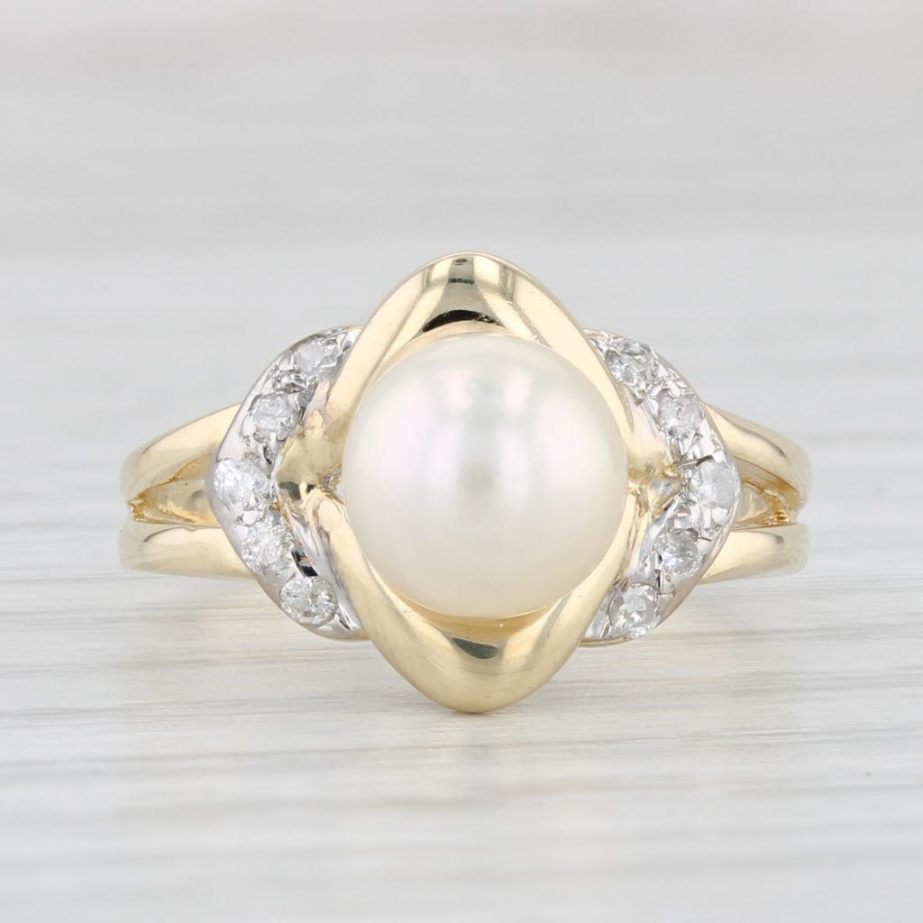 Light Gray Cultured Pearl 0.15ctw Diamond Ring 14k Yellow Gold Size 5.25