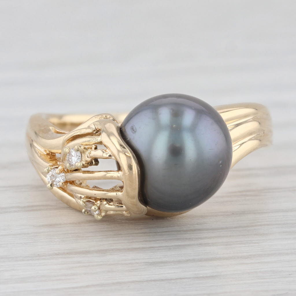 Light Gray Black Cultured Pearl Diamond Ring 18k Yellow Gold Size 7.5