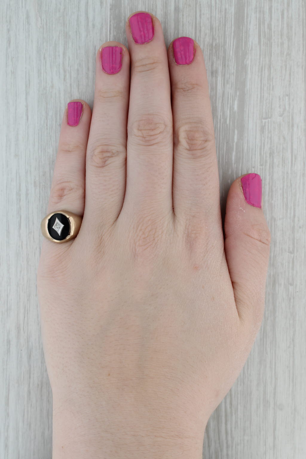 Dark Gray Vintage Onyx Diamond Signet Ring 10k Yellow Gold Size 7.5