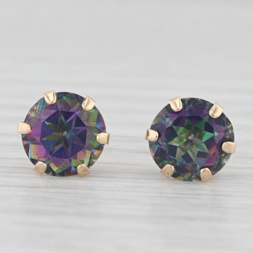 Light Gray 4.20ctw Mystic Topaz Stud Earrings 10k Yellow Gold Round Purple Green Solitaires
